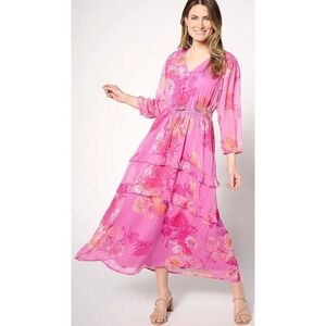 Destination 365 pink Floral Clip Dot ruffle 3/4sleeves Chiffon Maxi Dress LP
